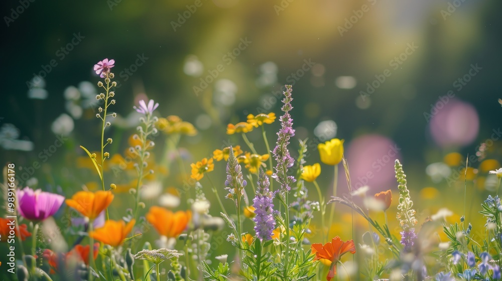 Beautiful Wildflowers in a Sunlit Meadow with a Soft, Dreamy Background of Greenery and Blossoms Beautiful Wildflowers in a Sunlit Meadow with a Soft, Dreamy Background of Greenery and Blossoms