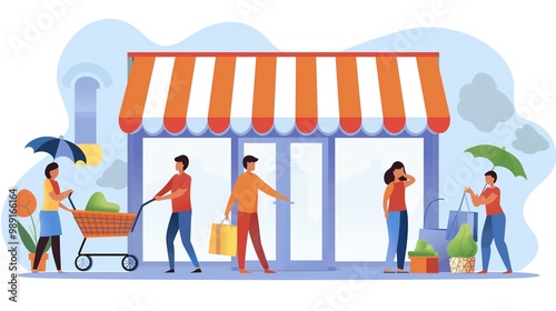 Illustration of Local SEO Optimization for Small Businesses with People Shopping Near Storefront
