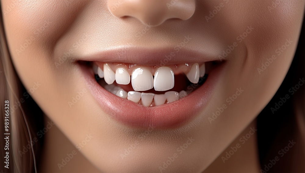 Fototapeta premium Adorable girl smiling proudly displays a missing tooth. Missing teeth, or broken teeth,dental implant macro
