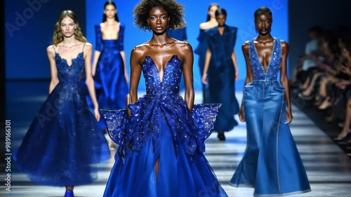 A fashion runway show with a collection that mostly featured deep blue hues, ranging from casual denim outfits to evening gowns the color of the royal blue.