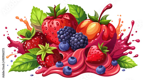 Sweet tasty fresh ripe strawberry raspberry, blackberry juice blend mix splash swirl with strawberry, blackberry and raspberry. Red berry juice splashing with forest fruits 