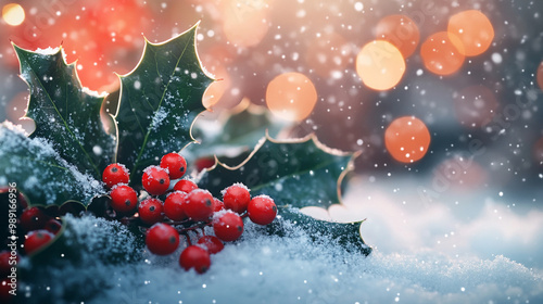 vibrant Christmas background featuring a close-up of red and green holly leaves with bright red berries, sprinkled with snow and soft twinkling lights in the background 