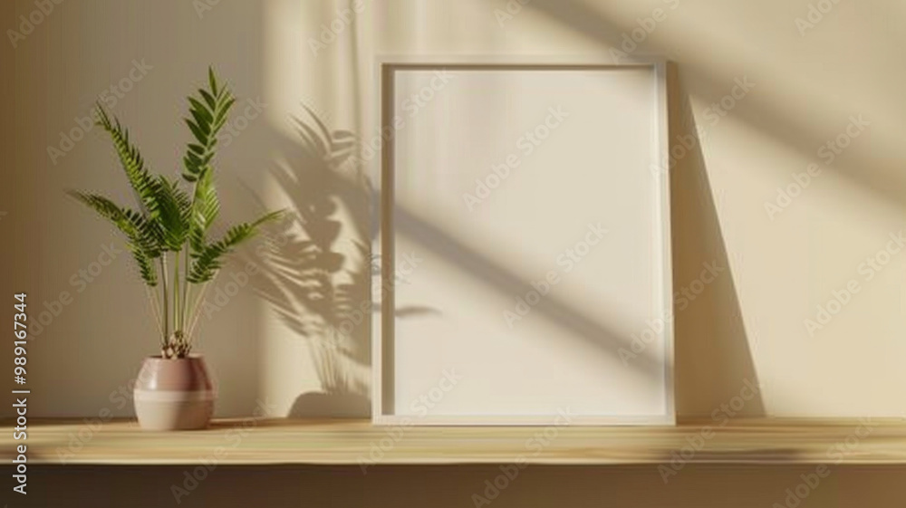 A minimalist scene of a white picture frame resting on a wooden shelf with a flowerpot accented by light brown and beige tones. AI generative A minimalist scene of a white picture frame resting on a wooden shelf with a flowerpot accented by light brown and beige tones. AI generative
