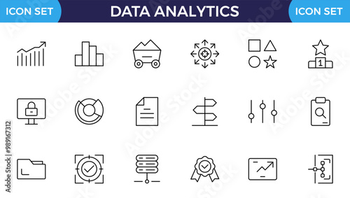 Data analytics web icons set in thin line design. Pack of database, big data process, ai, monitoring, traffic, hosting service, optimization, backup, chart and other. Vector outline stroke icon design