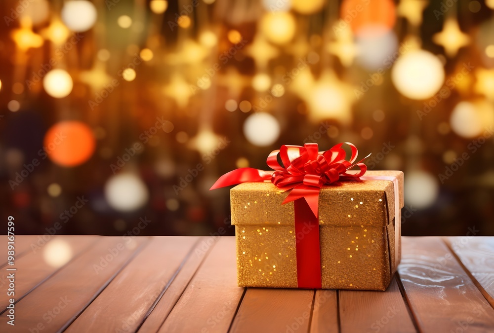 Golden Gift Box With Red Ribbon On Wooden Table Golden Gift Box With Red Ribbon On Wooden Table