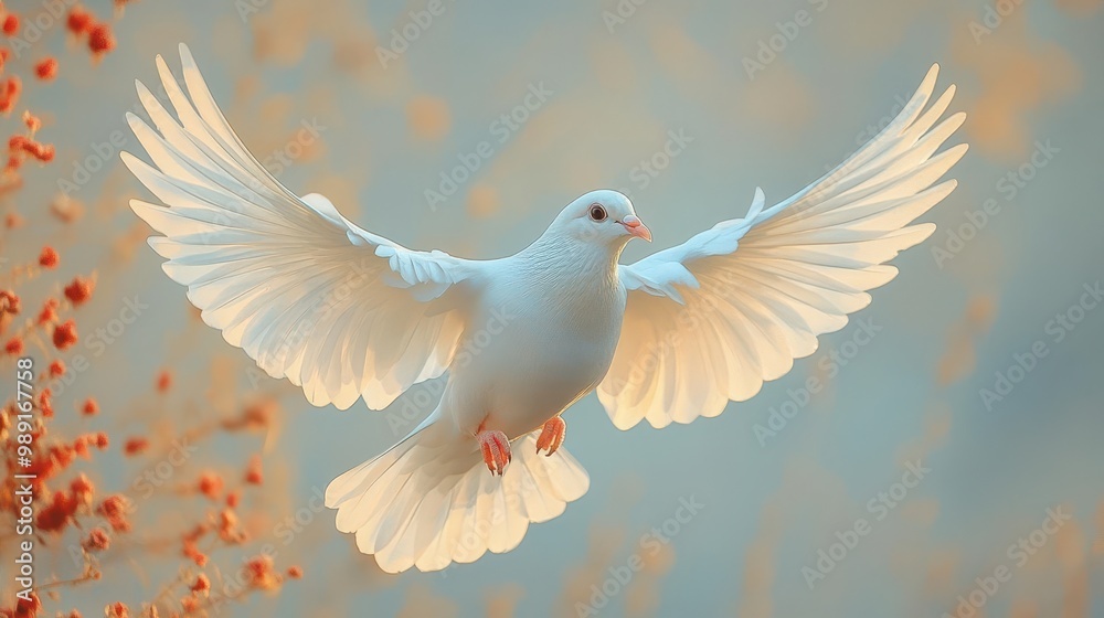 Obraz premium majestic white dove in midflight against a clear sky background wings spread wide capturing the grace and beauty of the birds movement symbolizing peace and freedom
