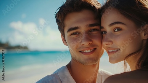 Close up portrait of young man and woman model couple on the beach feeling lovely