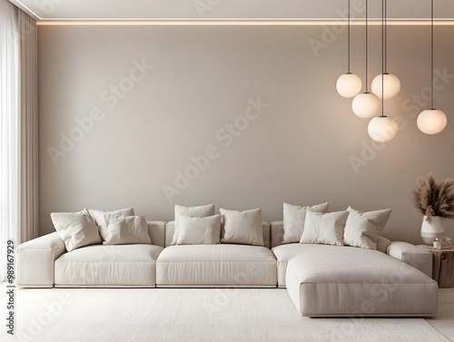 Fototapeta Naklejka Na Ścianę i Meble -  Cozy and inviting modern living room with a large comfortable sectional sofa and minimalist stylish decor accent wall and modern light fixtures featuring clean lines and a 3D render
