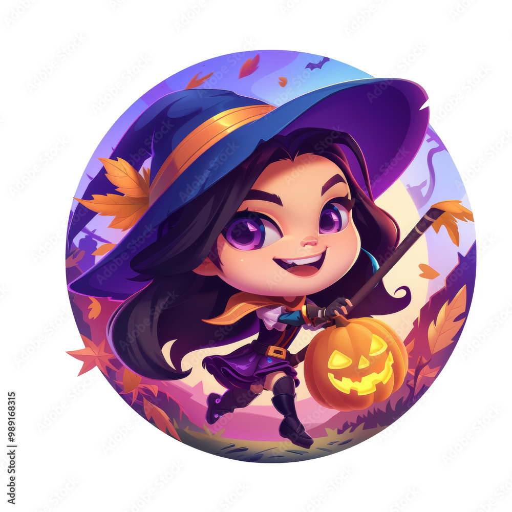 A cute cartoon witch with purple eyes and long black hair, wearing a witch hat and a purple dress, holding a pumpkin in her hand. She is running through a forest with leaves falling around her. A cute cartoon witch with purple eyes and long black hair, wearing a witch hat and a purple dress, holding a pumpkin in her hand. She is running through a forest with leaves falling around her.