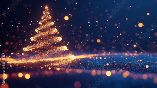 Glowing christmas tree made of golden and red particles with spinning light on deep blue background
