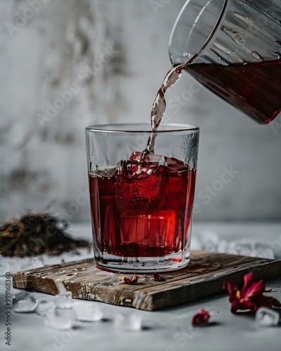 Pouring Red Hibiscus Tea with Ice Cubes on Wooden Board photo