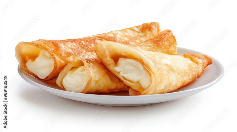 Three pastries with a white filling on a white plate Three pastries with a white filling on a white plate