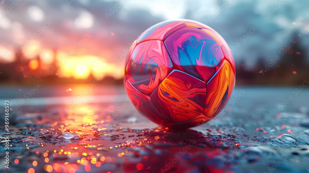 Naklejka premium Abstract 3D Render of a Soccer Ball with Red, Orange, and Blue Swirls