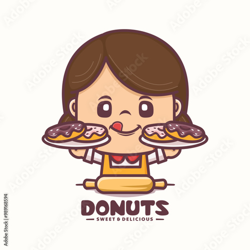 cute woman cartoon mascot design with donuts