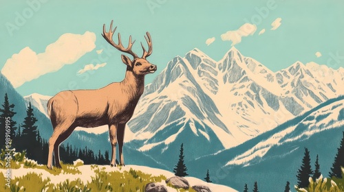 A vintagestyle postcard of the Canadian Rockies, featuring handdrawn wildlife and snowy peaks