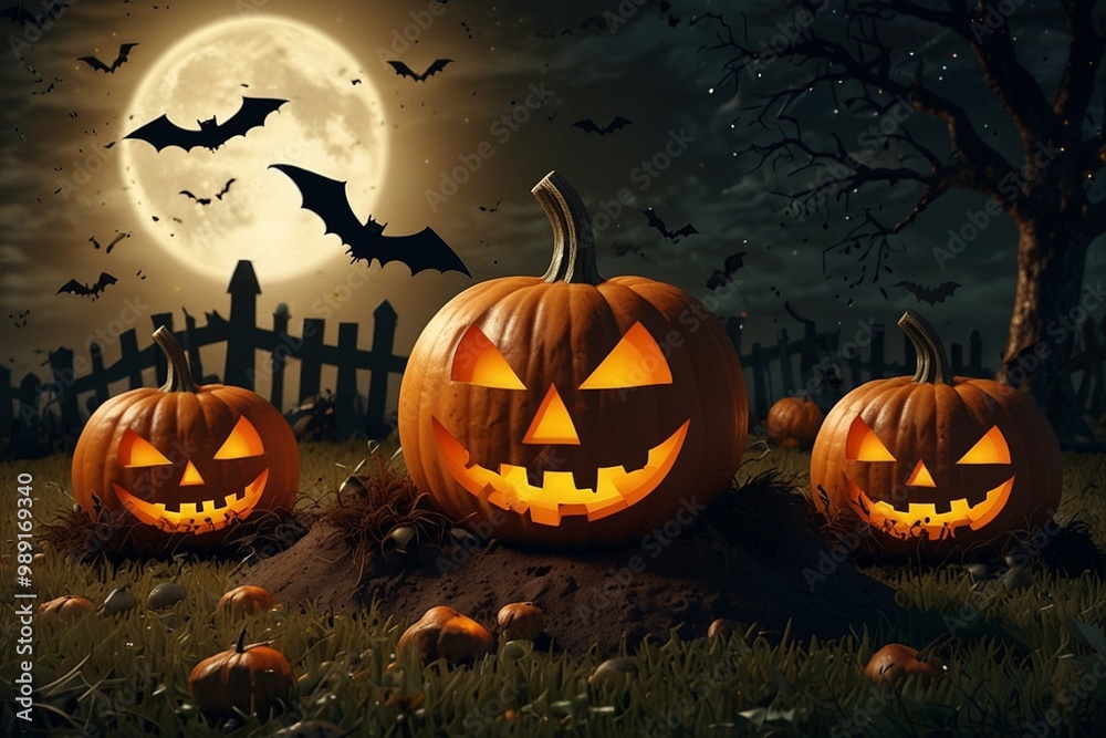 A Halloween pumpkin and bats graveyard background