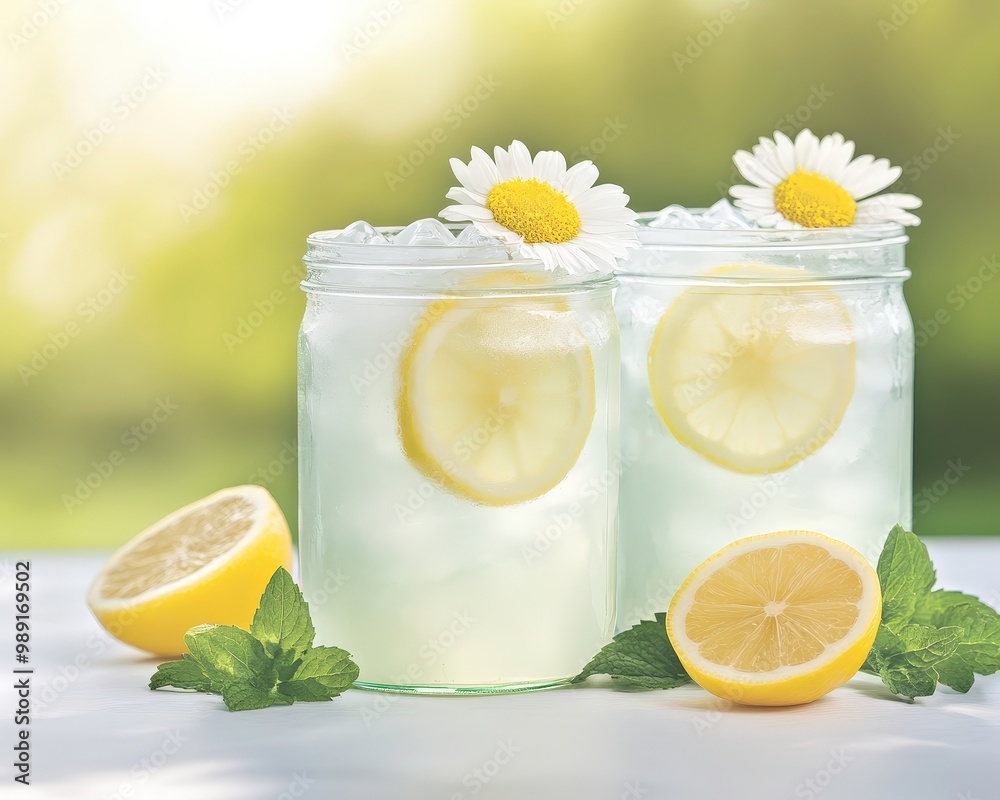Two glasses of lemonade with a lemon slice and a daisy on top Two glasses of lemonade with a lemon slice and a daisy on top