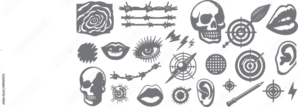 Trending elements with a photocopy and grain effect. Retro psychedelic style in an anti design concept. Skull, eye, ear, ear, lips, target, barbed wire vector illustration Trending elements with a photocopy and grain effect. Retro psychedelic style in an anti design concept. Skull, eye, ear, ear, lips, target, barbed wire vector illustration