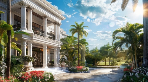 Luxurious Villa with Palm Trees and a Sunny Sky