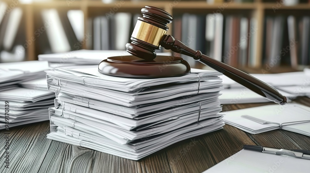 A gavel sitting on top of several stacks and clipboards filled with white paper, representing the documents that have been adopts by law