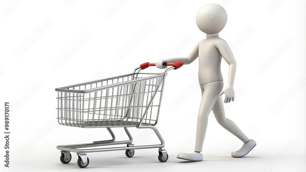 3d man walking and pushing an empty shopping cart 3d man walking and pushing an empty shopping cart