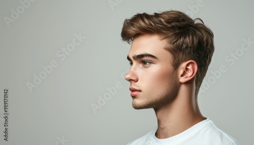 Handsome man with a trendy haircut isolated on a gray background with copy space