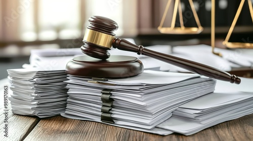 A gavel sitting on top of several stacks and clipboards filled with white paper, representing the documents that have been adopts by law