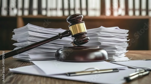 A gavel sitting on top of several stacks and clipboards filled with white paper, representing the documents that have been adopts by law
