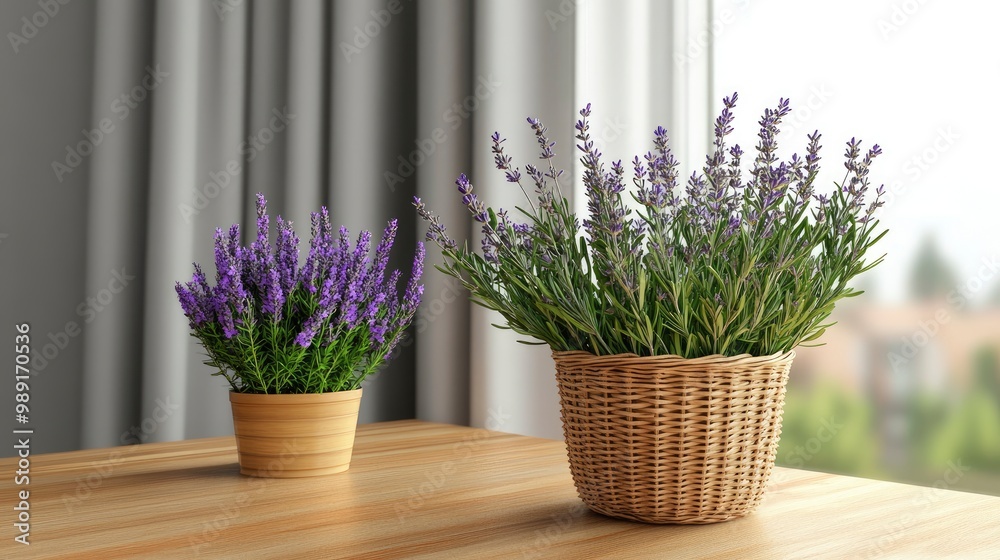 A basket filled with freshly picked lavender and rosemary, sitting on a wooden table under soft afternoon sunlight A basket filled with freshly picked lavender and rosemary, sitting on a wooden table under soft afternoon sunlight