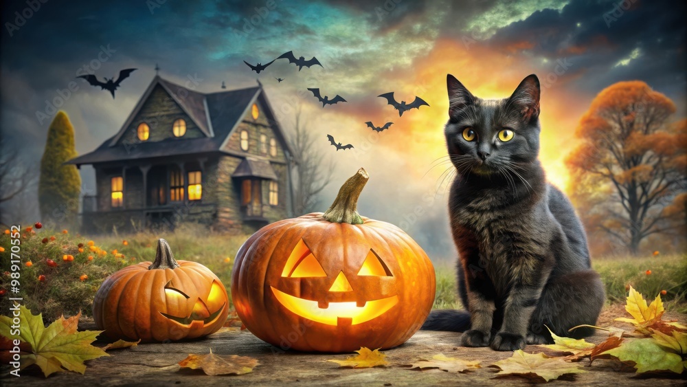 A black cat with piercing eyes next to a grinning jack o lantern in front of a spooky house with fallen leaves and bats flying above A black cat with piercing eyes next to a grinning jack o lantern in front of a spooky house with fallen leaves and bats flying above