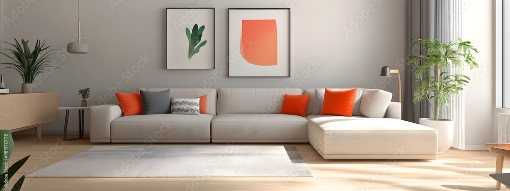 Fototapeta premium Cozy and Sophisticated Living Room with Neutral Palette and Minimalist Decor A beautifully designed and furnished living space with clean lines natural light