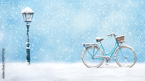 A bicycle covered in snow, leaning against a lamppost, snowflakes gently falling in the background