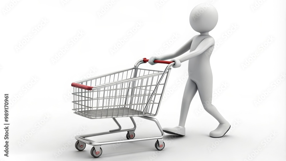 3d man walking and pushing an empty shopping cart 3d man walking and pushing an empty shopping cart