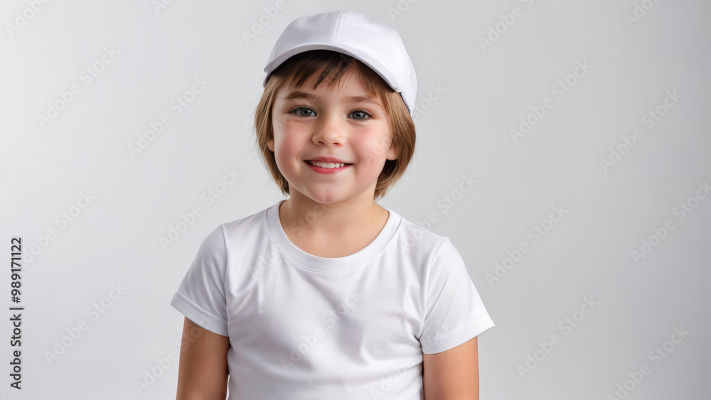 Little girl with short hair wearing white t-shirt and white baseball cap isolated on grey background Little girl with short hair wearing white t-shirt and white baseball cap isolated on grey background