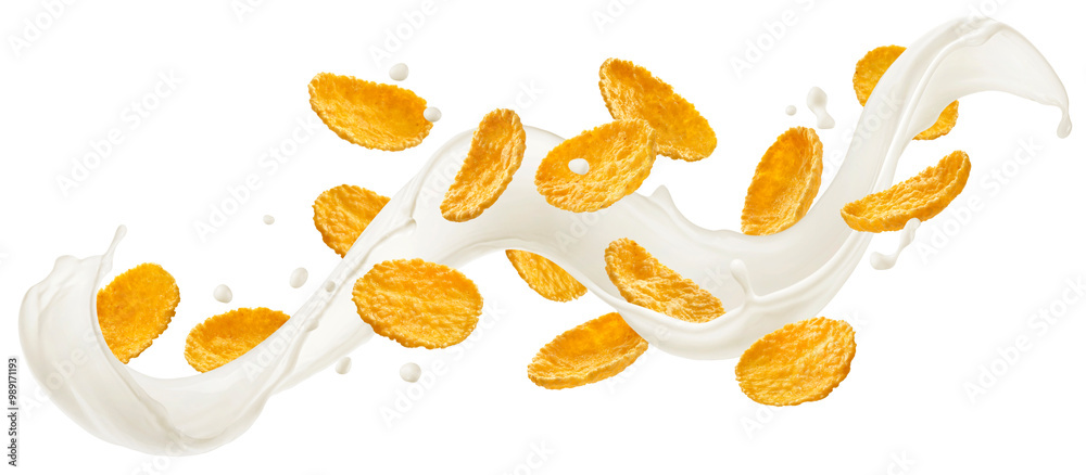 Flying corn flakes with milk splash isolated on white background Flying corn flakes with milk splash isolated on white background