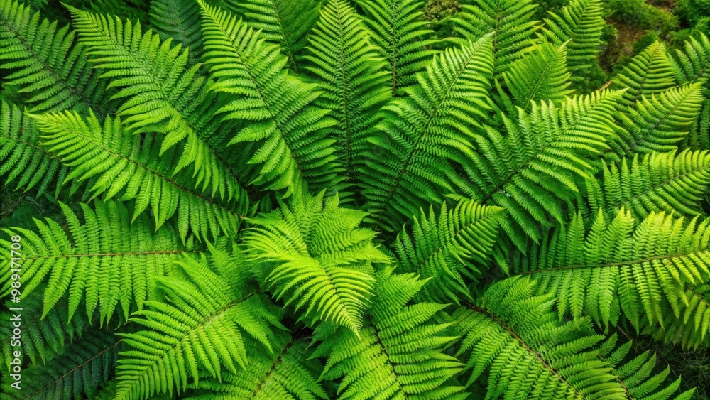Overhead view of lush green ostrich fern plants in the forest Overhead view of lush green ostrich fern plants in the forest