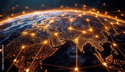 Abstract digital asia map and global network connections background with blue and orange glowing light effects. Technology and Finance banner. Backdrop