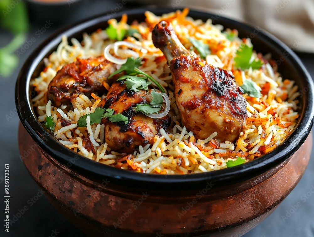 A vibrant Indian biryani with saffron rice, marinated chicken, and fried onions, served in a traditional clay pot