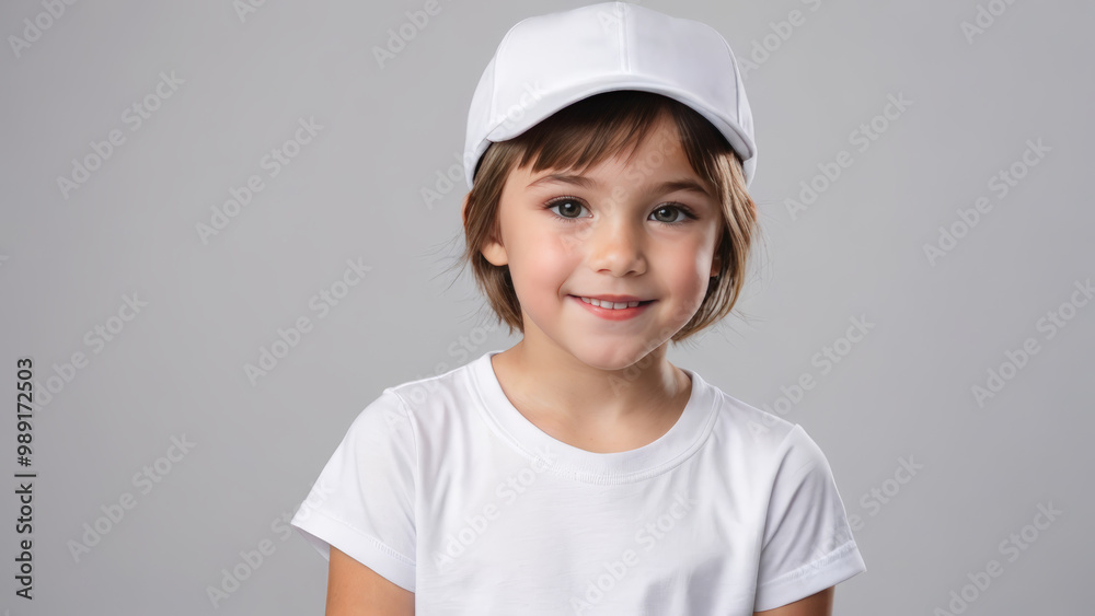Little girl with short hair wearing white t-shirt and white baseball cap isolated on grey background Little girl with short hair wearing white t-shirt and white baseball cap isolated on grey background