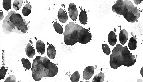 Abstract watercolor black dog paw pattern background
