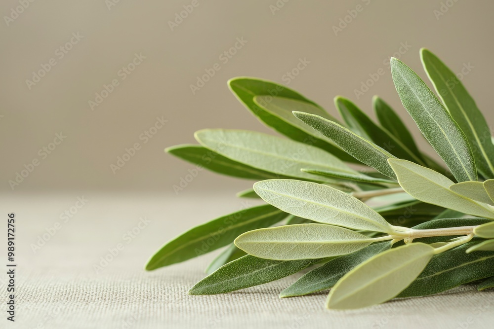 Close-up of Olive Branch with Lush Green Leaves on Natural Fabric Close-up of Olive Branch with Lush Green Leaves on Natural Fabric