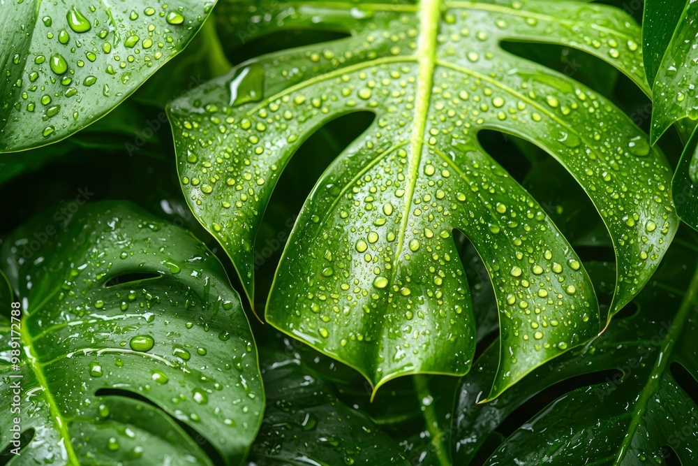 Fototapeta premium Dewdrops on Lush Green Leaves of a Tropical Plant