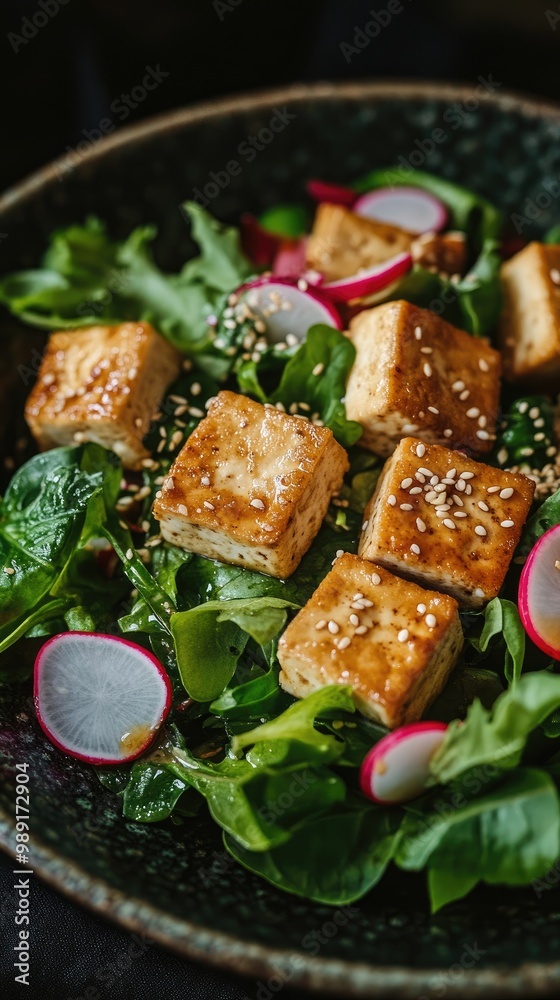 A vibrant and healthy salad featuring crispy tofu, fresh greens, and sliced radishes, garnished with sesame seeds. A vibrant and healthy salad featuring crispy tofu, fresh greens, and sliced radishes, garnished with sesame seeds.