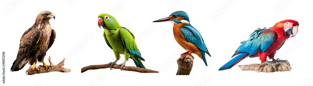 Collection of birds from different species perched on a branch, isolated on transparent background cutout, PNG file Collection of birds from different species perched on a branch, isolated on transparent background cutout, PNG file