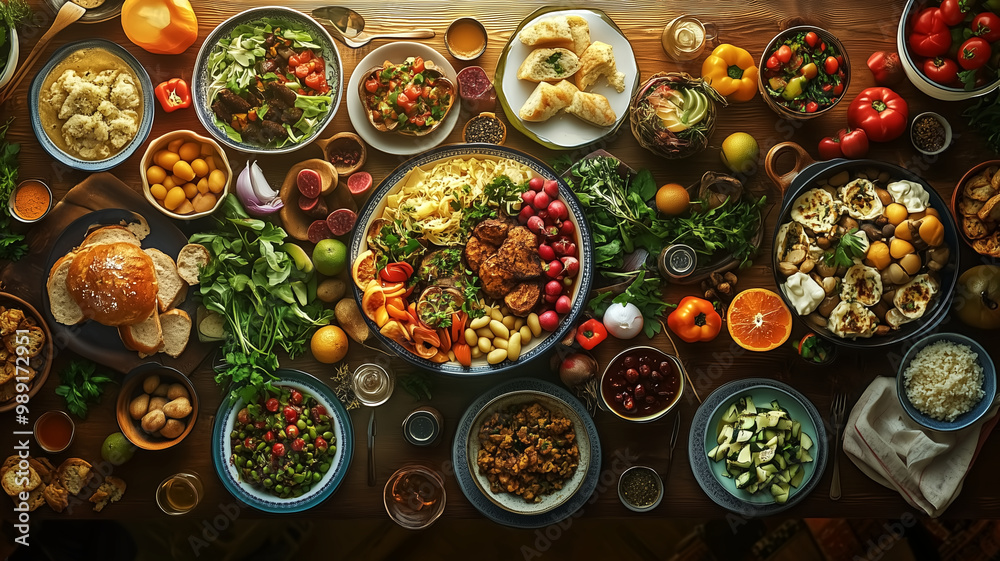 A vibrant global feast with dishes from various cultures, set on A vibrant global feast with dishes from various cultures, set on