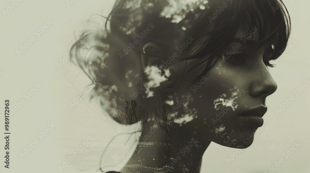 Fototapeta premium Romantic photo of a girl, silhouette of sky and nature, gloomy forest. Beige background, Book cover, sad mystical novel about love. Woman with a bun on her head. Windy weather. Person and nature unity