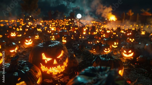 Spooky Jack-o'-Lanterns in a Haunted Pumpkin Patch on Halloween Night, Illuminated by a Full Moon