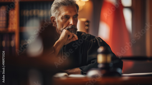 Judge in courtroom holding gavel, displaying authoritative presence amidst legal documents and flag backdrop, capturing decisive judicial role and courtroom environment