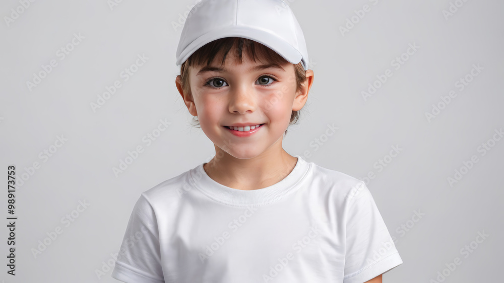 Little girl with short hair wearing white t-shirt and white baseball cap isolated on grey background Little girl with short hair wearing white t-shirt and white baseball cap isolated on grey background