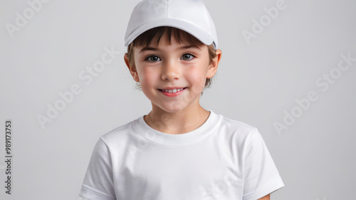 Little girl with short hair wearing white t-shirt and white baseball cap isolated on grey background